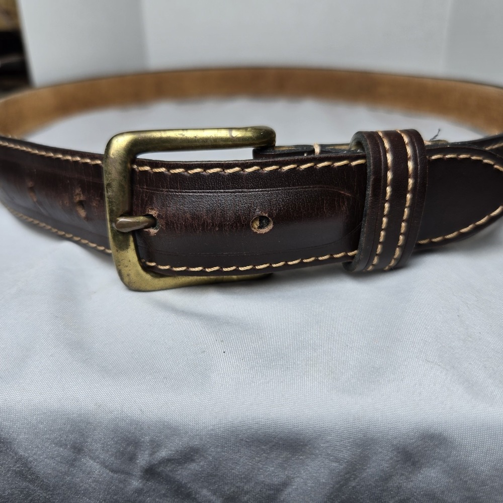 Handmade Genuine Cowhide Leather Belt Brass Buckle Brown Topstitching Office